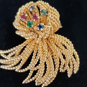 Vintage Rope Goldtone Tassel Brooch with Multicolor Rhinestones